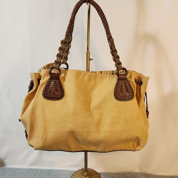 💙💙Fossil Hobo Canvas Handbag EUC Multi Strip Leather Trim - Picture 7 of 16